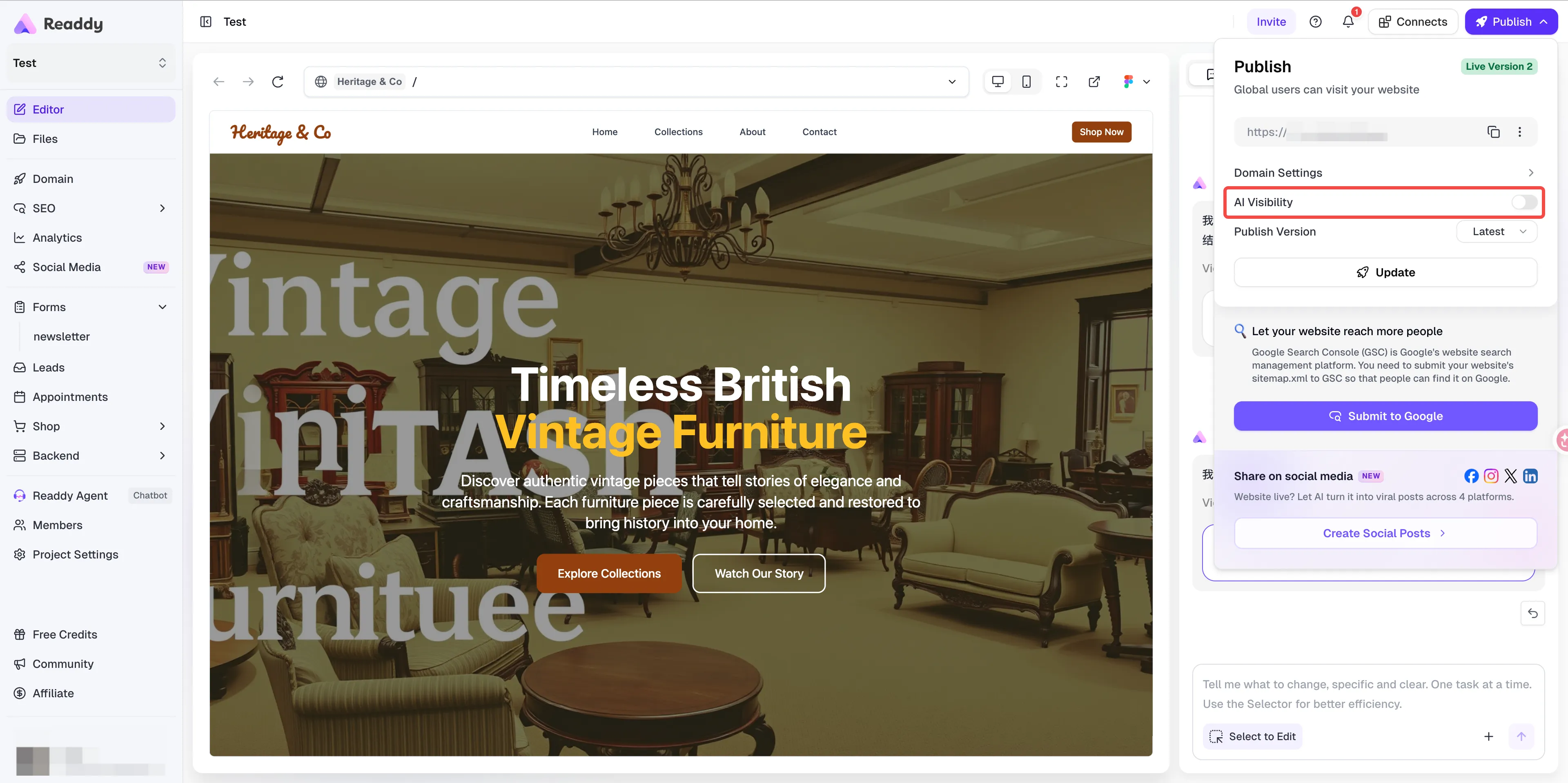 AI Visibility toggle inside the Publish panel